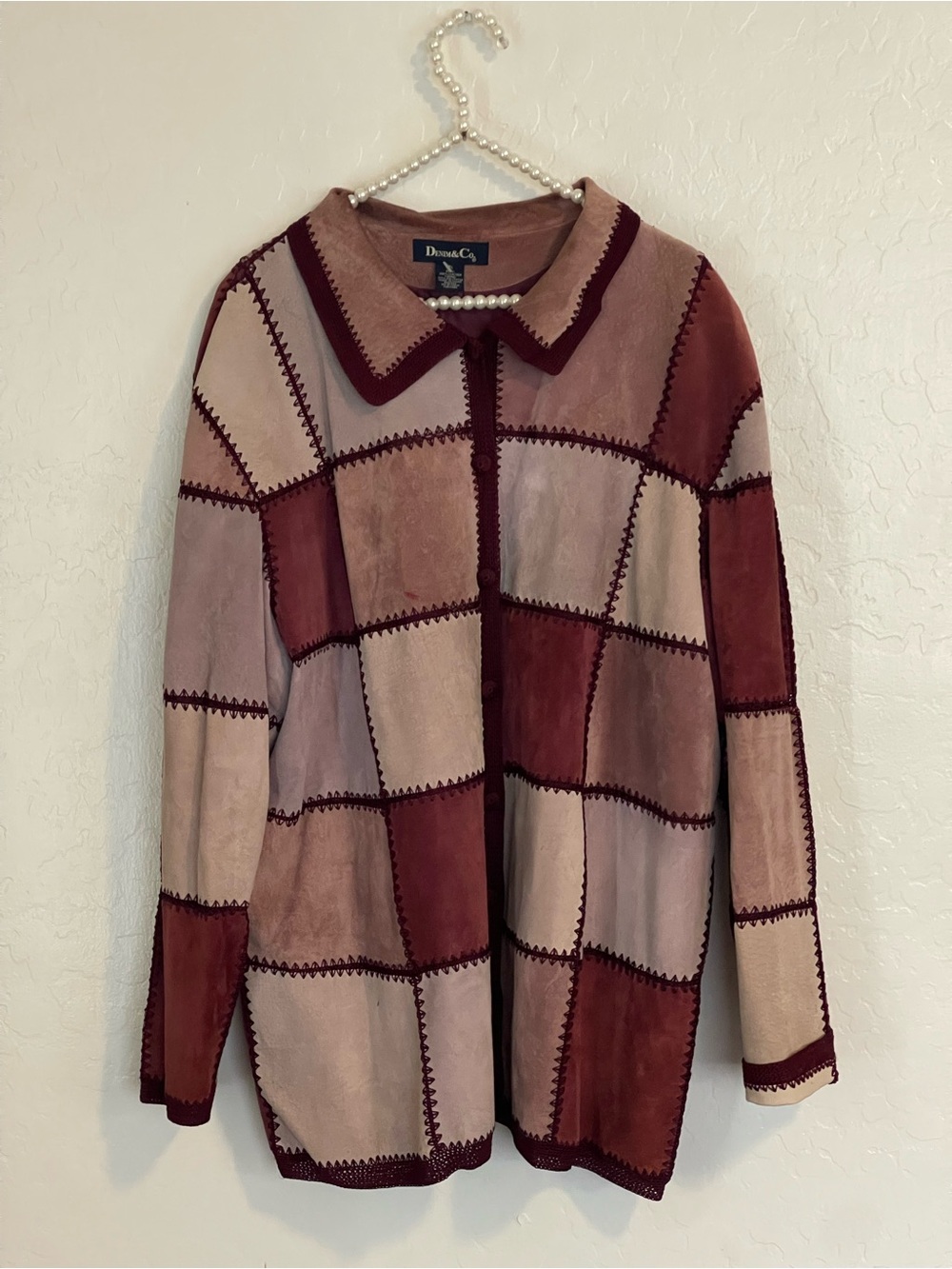 Denim & Co Women's Patchwork Suede Jacket in Burgundy and Taupe